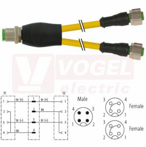 7000-40721-0130250 rozbočovací Y konektor M12/4-pin/vidl/přímý - kabel ŽL PVC 3x0,34mm2 L=2,5m - 2x  konektor M12/4-pin/zás/přímý