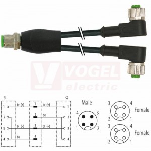 7000-40761-6130120 rozbočovací Y konektor M12/4-pin/vidl/přímý - kabel ČE PVC 3x0,34mm2 L=1,2m - 2x konektor M12/4-pin/zás/úhlový