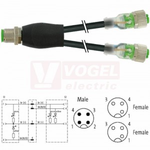 7000-40771-6230030 rozbočovací Y konektor M12/4-pin/vidl/přímý - kabel ČE PUR/PVC 3x0,34mm2 L=0,3m - 2x konektor M12/3-pin/2xLED/zás/přímý