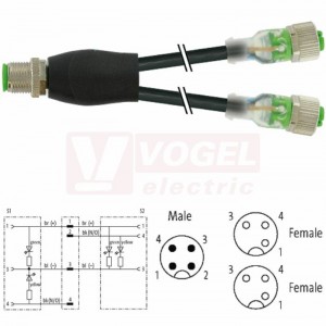 7000-40771-6330200 rozbočovací Y konektor M12/4-pin/vidl/přímý - kabel ČE PUR 3x0,34mm2 L=2m - 2x konektor M12/3-pin/2xLED/zás/přímý