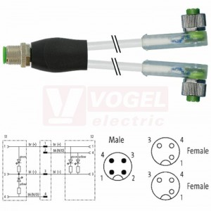 7000-40781-2330130 rozbočovací Y konektor M12/4-pin/vidl/přímý - kabel ŠE PUR do energ.řetězů 3x0,34mm2 L=1,3m - 2x  konektor M12/3-pin/2xLED/zás/úhlový