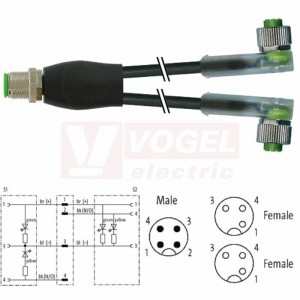7000-40781-6330250 rozbočovací Y konektor M12/4-pin/vidl/přímý - kabel ČE PUR do energ.řetězů 3x0,34mm2 L=2,5m - 2x  konektor M12/3-pin/2xLED/zás/úhlový