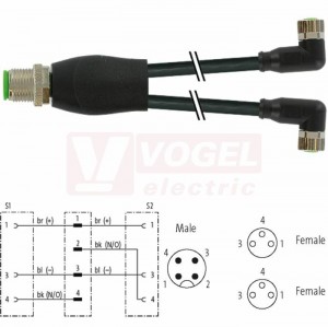 7000-40841-6100040 rozbočovací Y konektor M12/4-pin/vidl/přímý - kabel ČE PVC 3x0,25mm2 L=0,4m - 2x konektor M8/3-pin/zás/úhlový