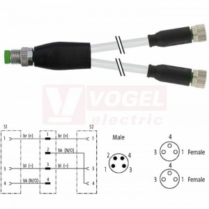 7000-87001-2100030 rozbočovací Y konektor M8/4-pin/vidl/přímý - kabel ŠE PVC 3x0,25mm2 L=0,3m - 2x konektor M8/3-pin/zás/přímý