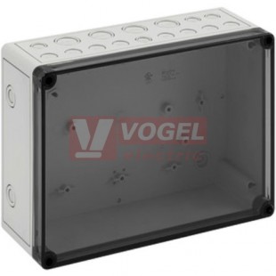 PC 2518-9-tm PV Plastová krabice TK 254x180x90mm,  víko průh.PC, předlisy, IP66, RAL7035, polykarbonát
