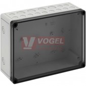 PC 2518-9-tm PV Plastová krabice TK 254x180x90mm,  víko průh.PC, předlisy, IP66, RAL7035, polykarbonát