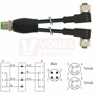 7000-40761-6331500 rozbočovací Y konektor M12/4-pin/vidl/přímý - kabel ČE PUR do energ.řetězů 3x0,34mm2 L=15m - 2x  konektor M12/4-pin/zás/úhlový