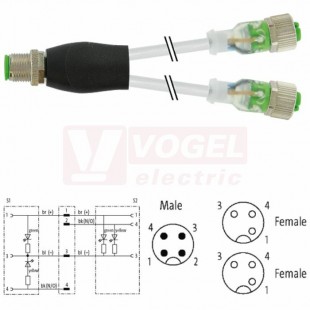 7000-40771-2230060 rozbočovací Y konektor M12/4-pin/vidl/přímý - kabel ŠE PUR/PVC 3x0,34mm2 L=0,6m - 2x konektor M12/3-pin/2xLED/zás/přímý