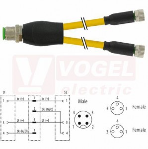 7000-40821-0100015 rozbočovací Y konektor M12/4-pin/vidl/přímý - kabel ŽL PVC 3x0,25mm2 L=0,15m -  2x konektor M8/3-pin/zás/přímý