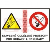 Samolepka zákazová "Stavebně oddělené prostory pro kuřáky a nekuřáky" (černý tisk, bílý podklad), žluto-černý trojúhleník/černo-červený kruh, 24x16cm (4202TF)