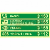 Samolepka fotoluminiscenční "Důležitá telefonní čísla - tísňové volání" (zelený podklad), symbol s textem a tel.číslem, 30x15cm (FLZ68)