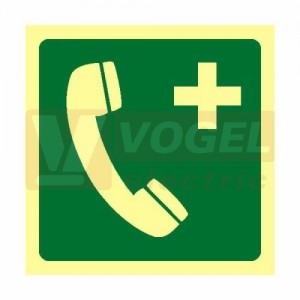 Samolepka fotoluminiscenční "Tísňový telefon" symbol 20x20cm (zelený podklad), (FLZ46)