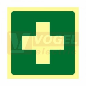 Samolepka fotoluminiscenční "První pomoc" symbol 15x15cm (zelený podklad), (FLZ45)