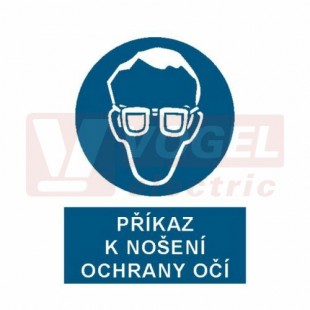 Samolepka příkazová "Příkaz k nošení ochrany očí!" (bílý tisk, modrý podklad), symbol s textem (2403E) A4