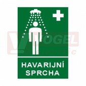 Samolepka informační "Havarijní sprcha" (bílý tisk, zelený podklad), symbol s textem (7831) A4