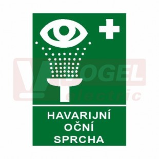 Samolepka informační "Havarijní oční sprcha" (bílý tisk, zelený podklad), symbol s textem (7830) A4