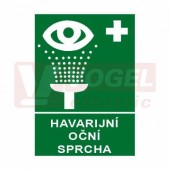 Samolepka informační "Havarijní oční sprcha" (bílý tisk, zelený podklad), symbol s textem (7830) A4