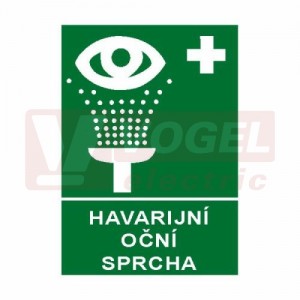 Samolepka informační "Havarijní oční sprcha" (bílý tisk, zelený podklad), symbol s textem (7830) A4