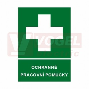 Samolepka informační "Ochranné pracovní pomůcky" (bílý tisk, zelený podklad), symbol s textem (7821) A4