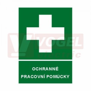 Samolepka informační "Ochranné pracovní pomůcky" (bílý tisk, zelený podklad), symbol s textem (7821) A4
