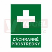 Tabulka informační "Záchranné prostředky" (bílý tisk, zelený podklad), symbol s textem (7703) A4