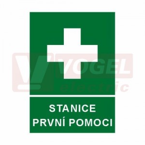 Tabulka informační "Stanice první pomoci" (bílý tisk, zelený podklad), symbol s textem (7701) A4
