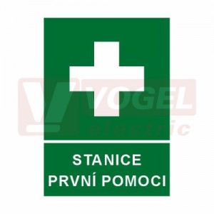 Samolepka  informační "Stanice první pomoci" (bílý tisk, zelený podklad), symbol s textem (7701) A4