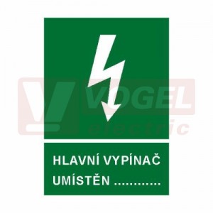 Tabulka informační "Hlavní vypínač umístěn…" (bílý tisk, zelený podklad), symbol s textem (6134) A4