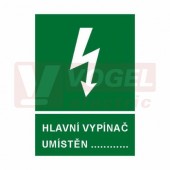 Samolepka informační "Hlavní vypínač umístěn…" (bílý tisk, zelený podklad), symbol s textem (6134) A4