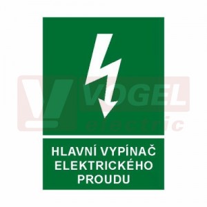 Samolepka informační "Hlavní vypínač elektrického proudu" (bílý tisk, zelený podklad), symbol s textem (6133) A7