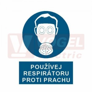 Samolepka příkazová "Používej respirátoru proti prachu" (bílý tisk, modrý podklad), symbol s textem (3802) A4