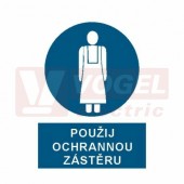 Tabulka příkazová "Používej ochrannou zástěru" (bílý tisk, modrý podklad), symbol s textem  (2615) A4