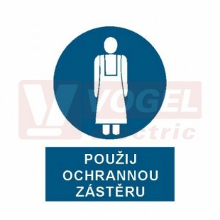 Samolepka příkazová "Používej ochrannou zástěru" (bílý tisk, modrý podklad), symbol s textem (2615) A4