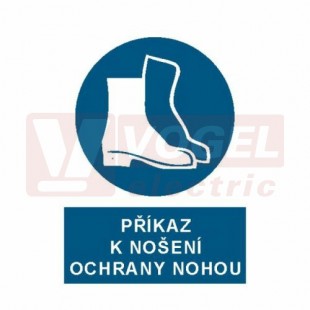 Samolepka příkazová "Příkaz k nošení ochrany nohou" (bílý tisk, modrý podklad), symbol s textem (2608) A4