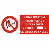 Tabulka zákazová "Zákaz kouření a manipulace s plamenem v okruhu…m od objektu skladu" (bílý tisk, červený podklad), symbol s textem, 25x10,5cm (4206A)