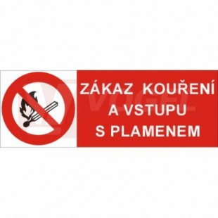 Tabulka zákazová "Zákaz kouření a vstupu s plamenem" (černý tisk, červený podklad), symbol s textem 25x10,5cm (4201A)