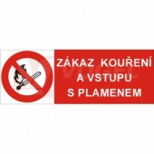 Tabulka zákazová "Zákaz kouření a vstupu s plamenem" (černý tisk, červený podklad), symbol s textem 25x10,5cm (4201A)