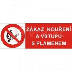 Tabulka zákazová "Zákaz kouření a vstupu s plamenem" (černý tisk, červený podklad), symbol s textem 25x10,5cm (4201A)