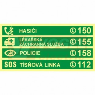Samolepka fotoluminiscenční "Důležitá telefonní čísla - tísňové volání" (zelený podklad), symbol s textem a tel.číslem, 20x10cm (FLZ68)