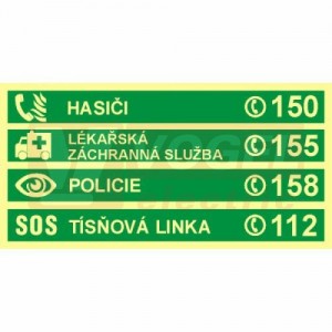 Samolepka fotoluminiscenční "Důležitá telefonní čísla - tísňové volání" (zelený podklad), symbol s textem a tel.číslem, 20x10cm (FLZ68)
