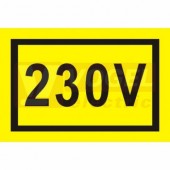 Samolepka výstrahy "230 V" (černý tisk, žlutý podklad), symbol s textem 3x2cm (0181C)