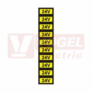 Samolepka výstrahy "Pozor napětí 24 V" (černý tisk, žlutý podklad), symbol s textem 3x2cm (0181B)