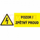 Samolepka výstrahy "Pozor! Zpětný proud" (černý tisk, žlutý podklad), symbol s textem 10x4cm (0131)