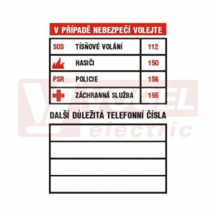 Tabulka bezpečnostní "V PŘÍPADĚ NEBEZPEČÍ VOLEJTE - tabulka důležitých telefonních čísel", (DT032) A4
