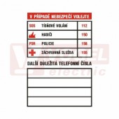 Samolepka bezpečnostní "V PŘÍPADĚ NEBEZPEČÍ VOLEJTE - tabulka důležitých telefonních čísel", (DT032) A7