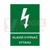 Tabulka informační "Hlavní vypínač výtahu" (bílý tisk, zelený podklad), symbol s textem (6132B) A5