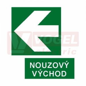 Samolepka informační "Nouzový východ + šipka" (bílý tisk, zelený podklad), symbol s odděleným textem (7814D) A5