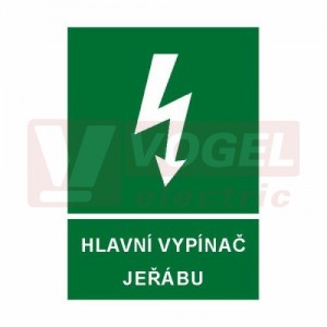 Samolepka informační "Hlavní vypínač jeřábu" (bílý tisk, zelený podklad), symbol s textem (6132D) A4