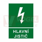 Samolepka informační "Hlavní jistič" (bílý tisk, zelený podklad), symbol s textem (6131B) A7