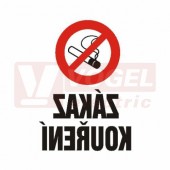 Samolepka zákazová "Zákaz kouření" (černý tisk, červený podklad) zrcadlově, symbol s textem (4202N) A5